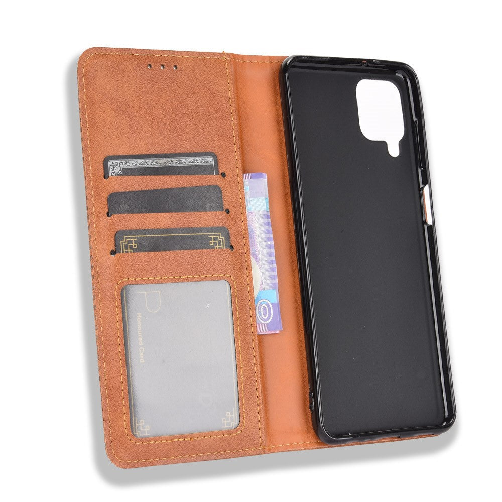 Retro Style Magnetic Closure Leather Wallet Phone Stand Case for Samsung Galaxy M32 (Global Version) - Brown