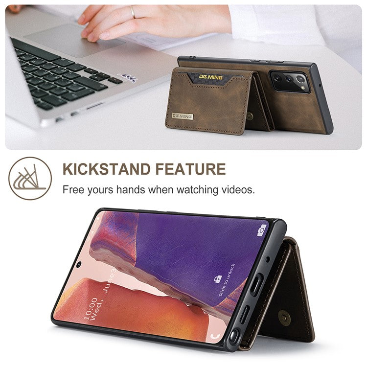 DG.MING M2 Series Tri-fold Wallet Magnetic Kickstand Design Leather Case for Samsung Galaxy Note20 4G/5G - Coffee