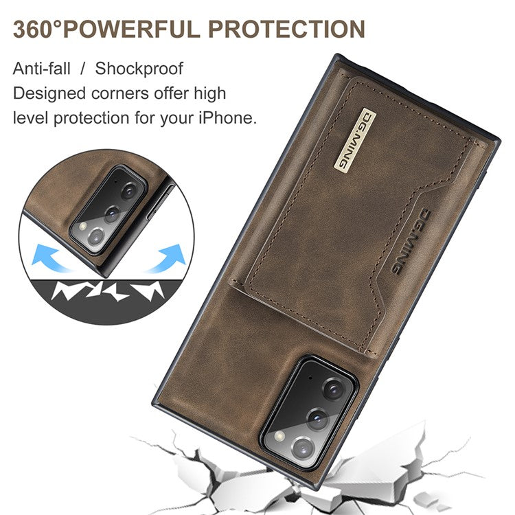 DG.MING M2 Series Tri-fold Wallet Magnetic Kickstand Design Leather Case for Samsung Galaxy Note20 4G/5G - Coffee