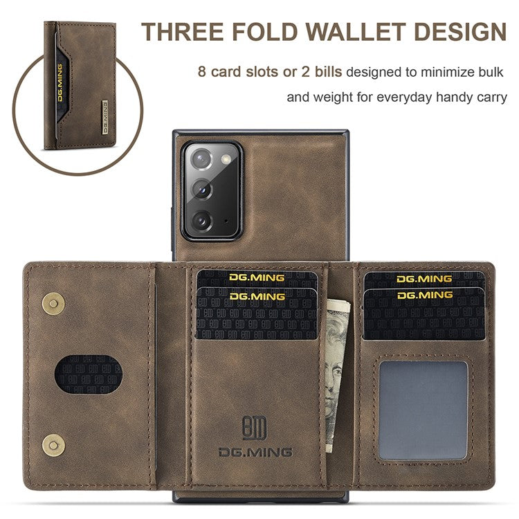 DG.MING M2 Series Tri-fold Wallet Magnetic Kickstand Design Leather Case for Samsung Galaxy Note20 4G/5G - Coffee