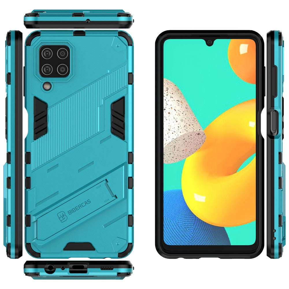 Shock-resistant PC + TPU Combo Case Kickstand Design Protective Phone Case for Samsung Galaxy M32 (Global Version) - Blue