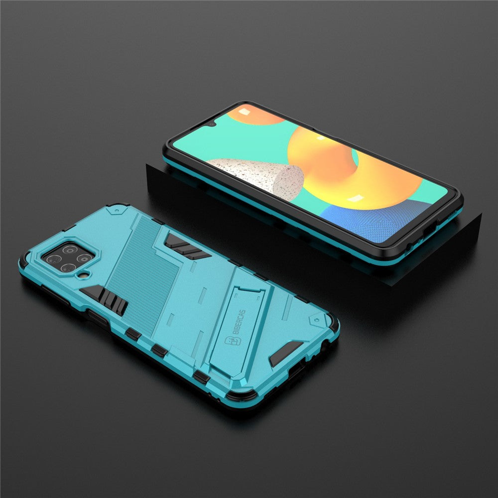 Shock-resistant PC + TPU Combo Case Kickstand Design Protective Phone Case for Samsung Galaxy M32 (Global Version) - Blue