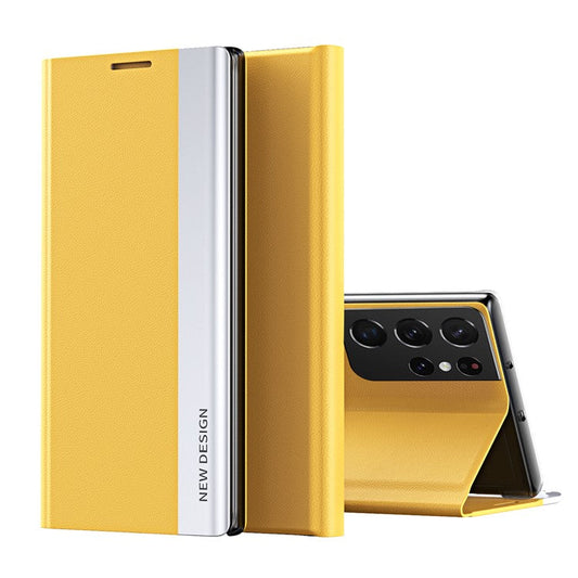 Auto-absorbed Stand Leather Phone Case for Samsung Galaxy S21 Ultra 5G - Yellow