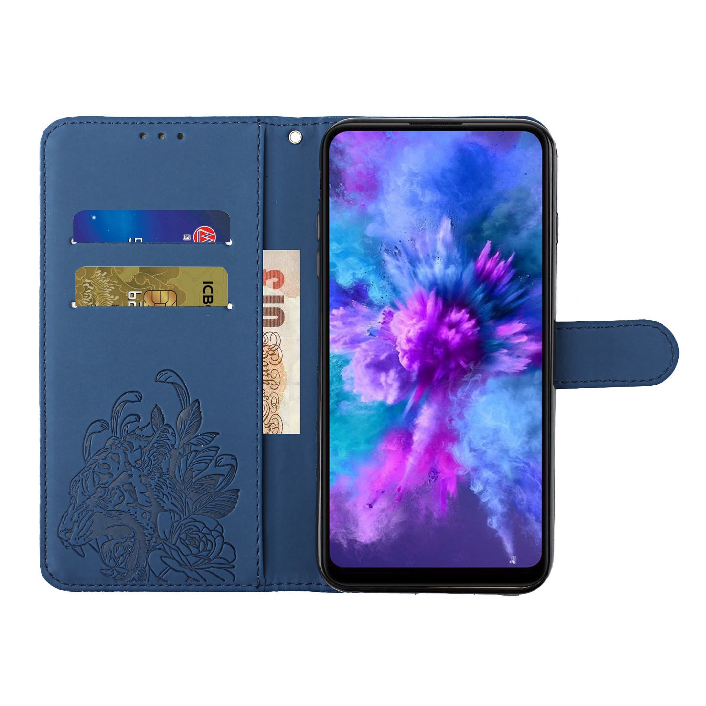 Full Protective Tiger and Flower Imprint Pattern Leather Phone Stand Cover with Strap for Samsung Galaxy S20 Plus 4G/5G - Blue