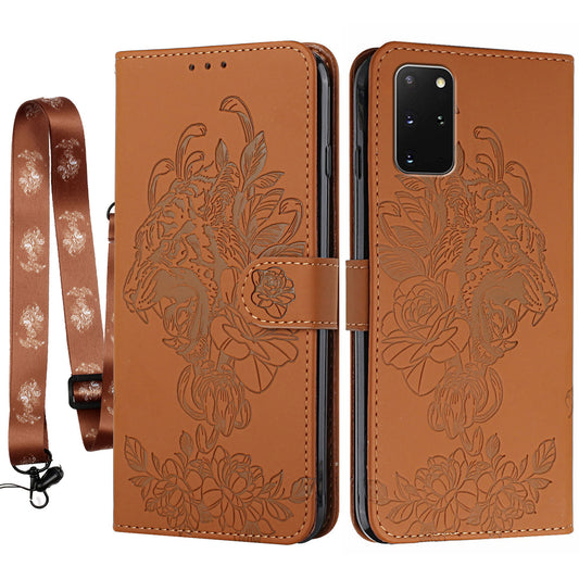 Full Protective Tiger and Flower Imprint Pattern Leather Phone Stand Cover with Strap for Samsung Galaxy S20 Plus 4G/5G - Brown