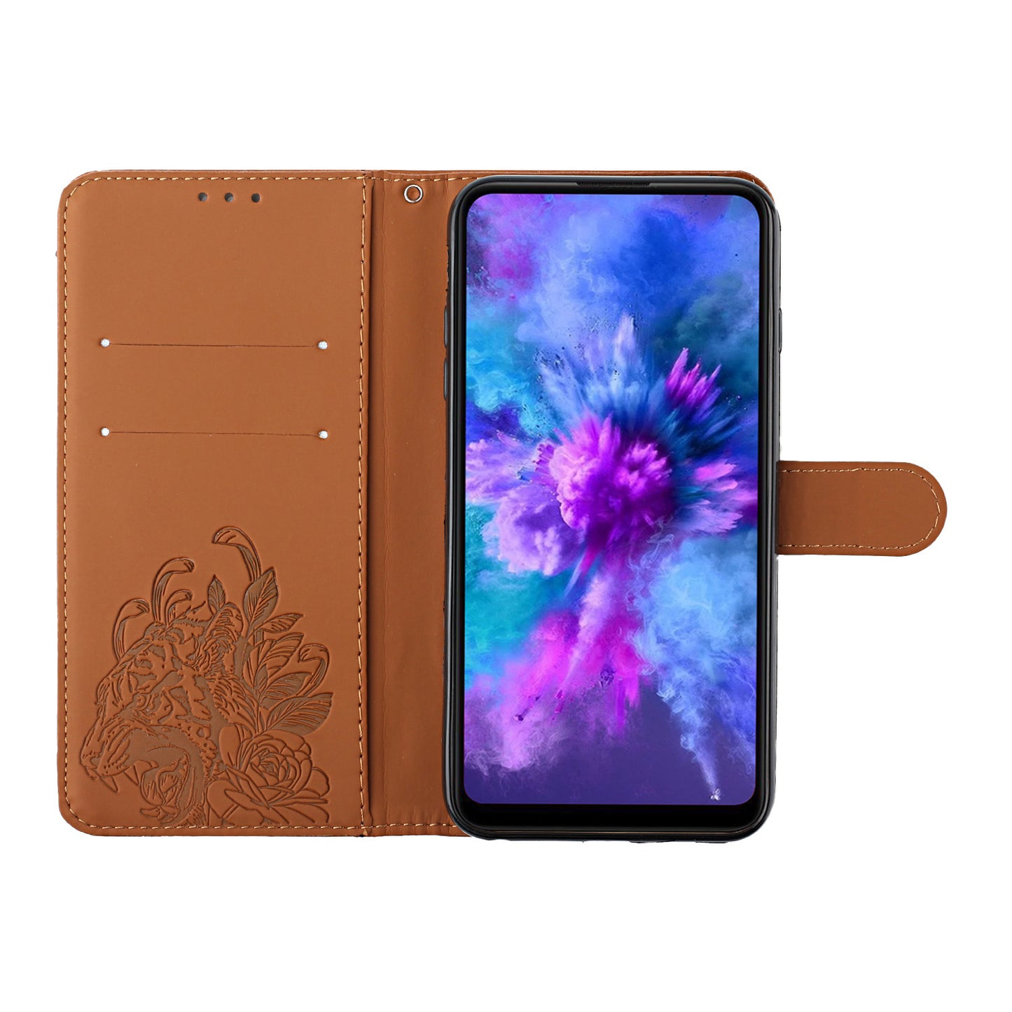 Full Protective Tiger and Flower Imprint Pattern Leather Phone Stand Cover with Strap for Samsung Galaxy S20 Plus 4G/5G - Brown