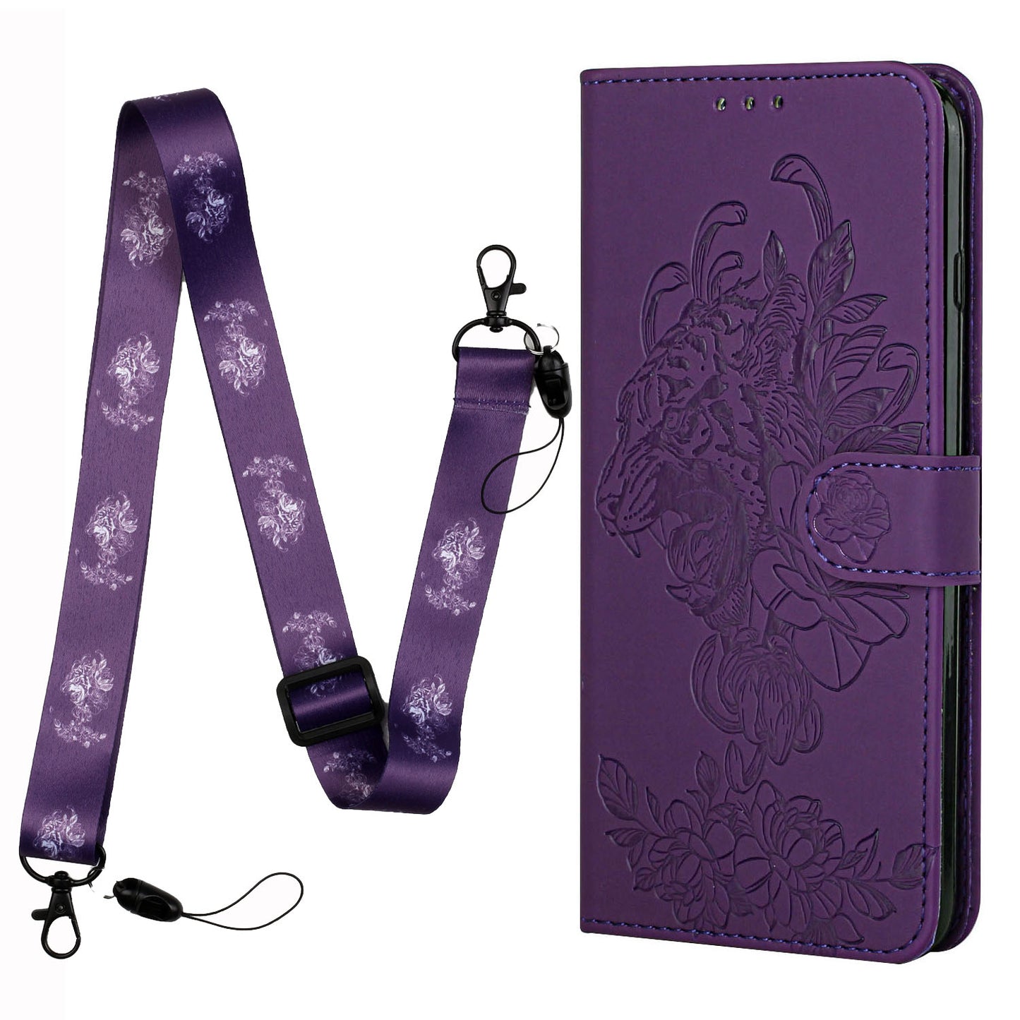 Full Protective Tiger and Flower Imprint Pattern Leather Phone Stand Cover with Strap for Samsung Galaxy S20 Plus 4G/5G - Purple