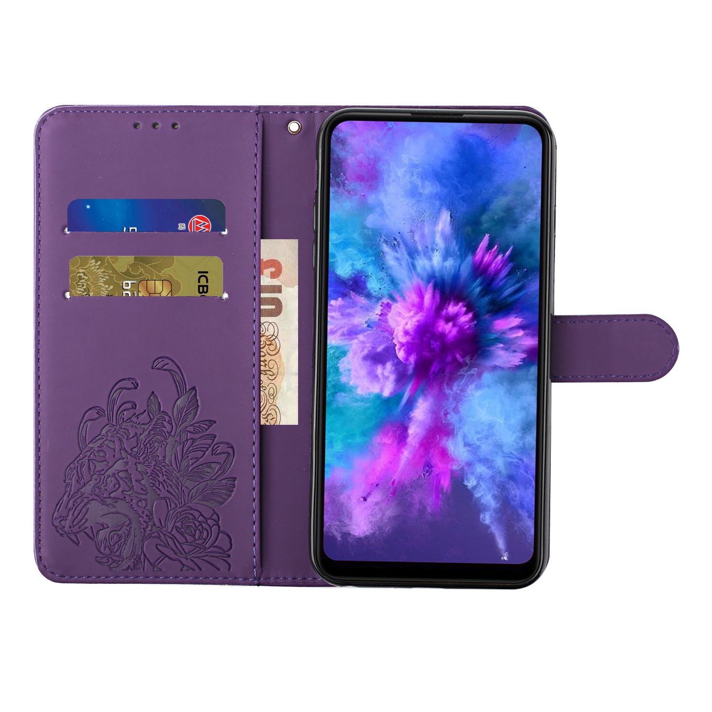 Full Protective Tiger and Flower Imprint Pattern Leather Phone Stand Cover with Strap for Samsung Galaxy S20 Plus 4G/5G - Purple