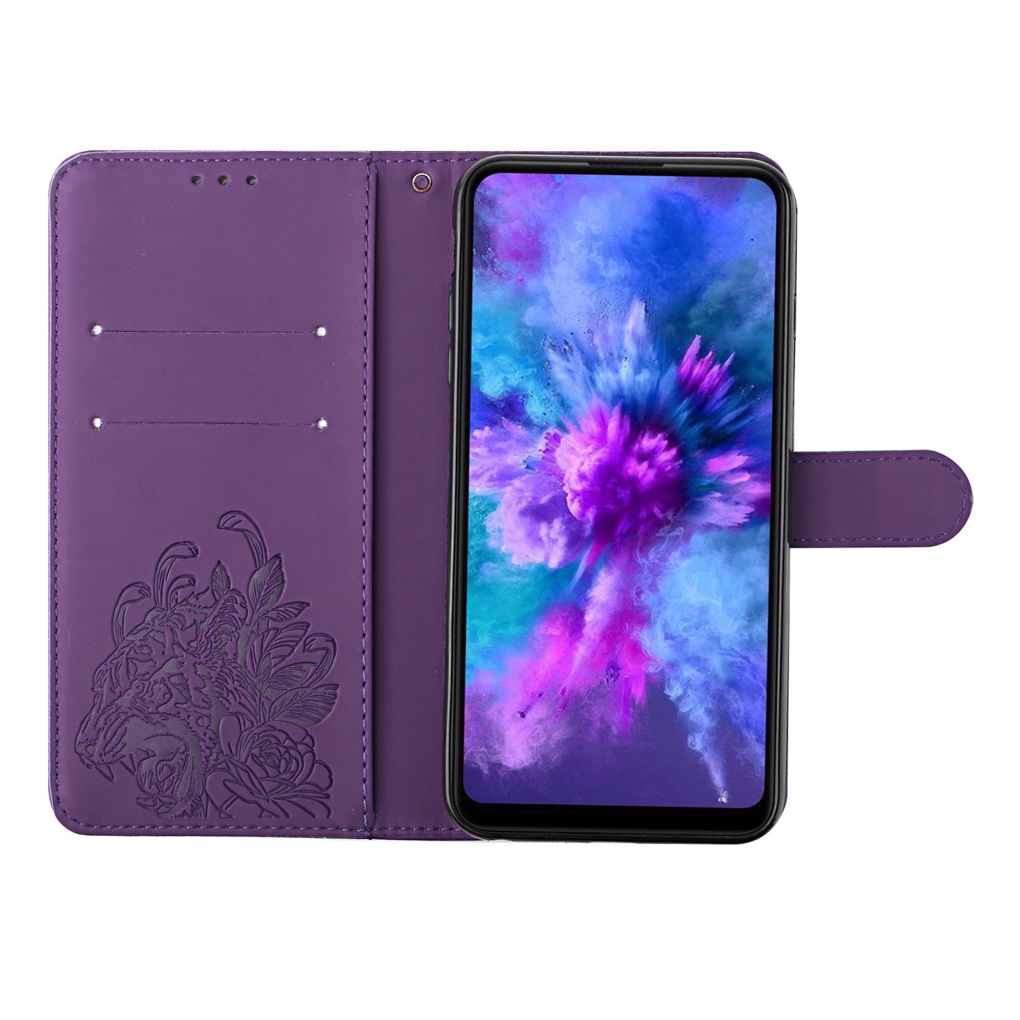 Full Protective Tiger and Flower Imprint Pattern Leather Phone Stand Cover with Strap for Samsung Galaxy S20 Plus 4G/5G - Purple