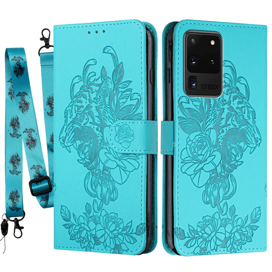 Tiger and Flower Imprint Pattern Leather Protective Phone Stand Cover with Strap for Samsung Galaxy S20 Ultra - Green