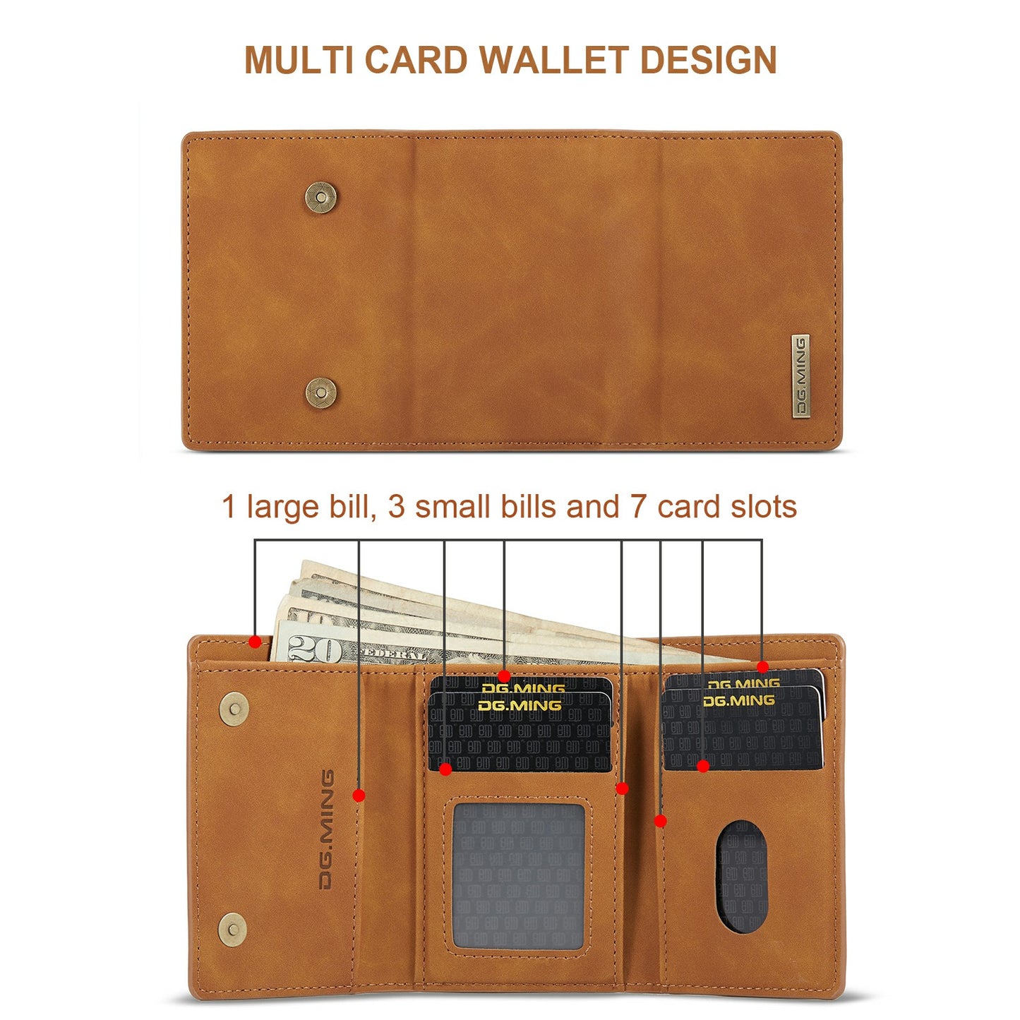 DG.MING M1 Series Magnetic Tri-Fold Wallet + Leather Coated Hybrid Cover Shell with Kickstand for Samsung Galaxy S20 FE 2022/S20 FE 4G/S20 FE 5G/S20 Lite - Brown