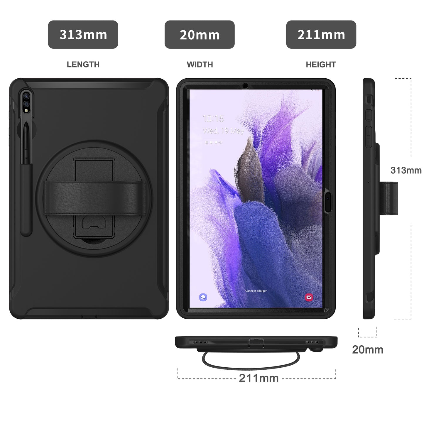 For Samsung Galaxy Tab S9 FE+ / S9+ / S8+ / S7+ / S7 FE T730 / T735 / T736B / T736N 360&#176; Rotary Kickstand PC + TPU Drop-Resistant Tablet Case with Handy Strap - Black