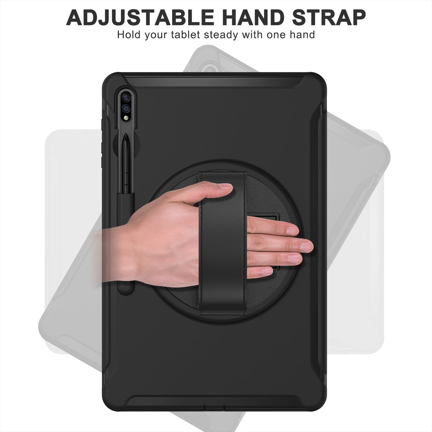 For Samsung Galaxy Tab S9 FE+ / S9+ / S8+ / S7+ / S7 FE T730 / T735 / T736B / T736N 360&#176; Rotary Kickstand PC + TPU Drop-Resistant Tablet Case with Handy Strap - Black