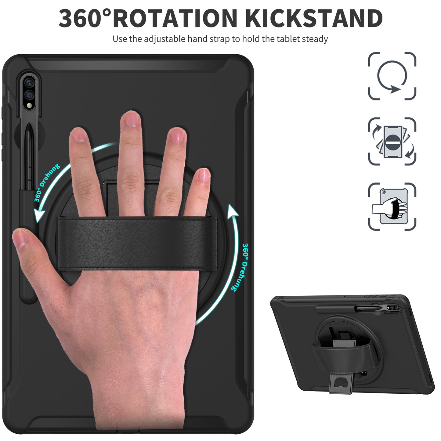 For Samsung Galaxy Tab S9 FE+ / S9+ / S8+ / S7+ / S7 FE T730 / T735 / T736B / T736N 360&#176; Rotary Kickstand PC + TPU Drop-Resistant Tablet Case with Handy Strap - Black