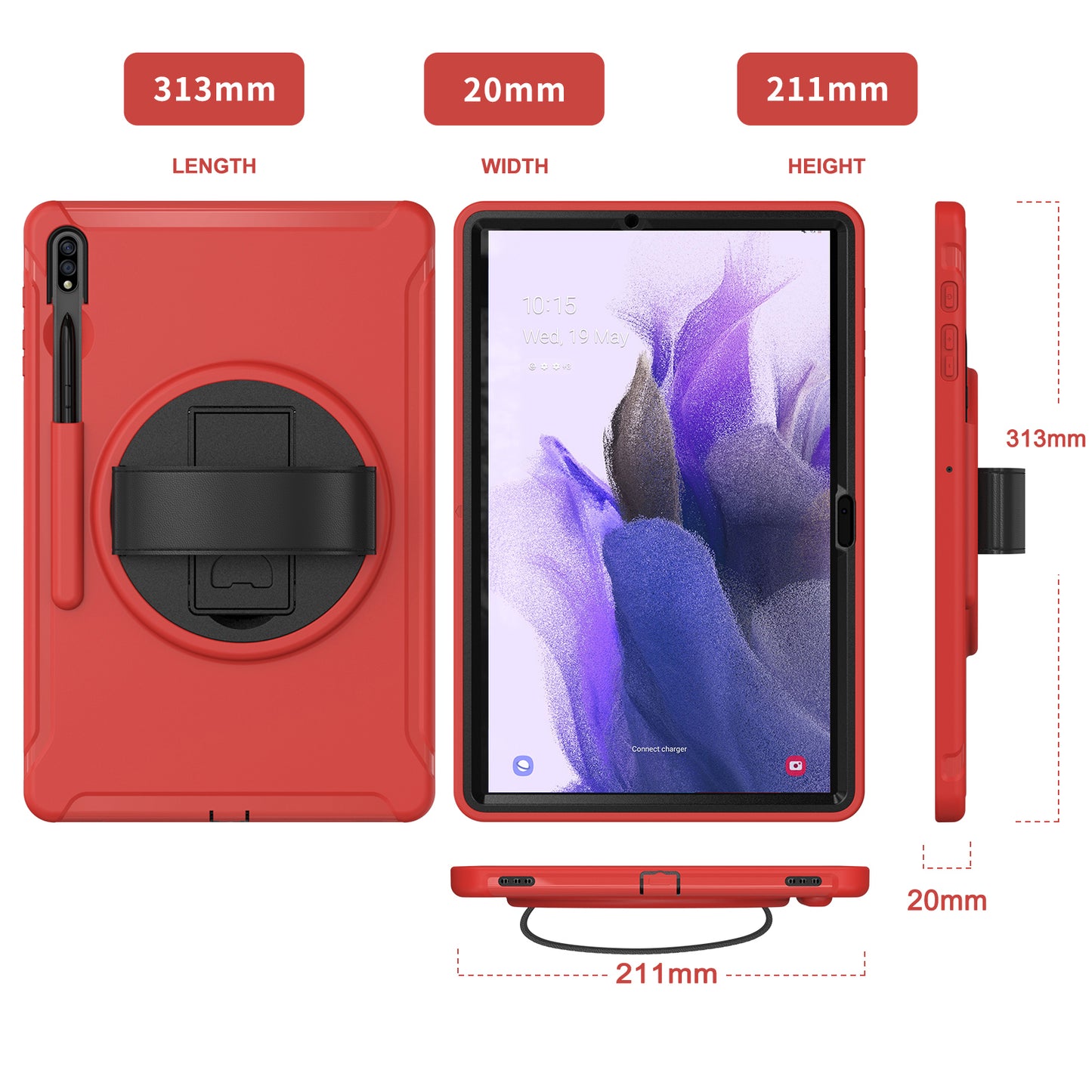 For Samsung Galaxy Tab S9 FE+ / S9+ / S8+ / S7+ / S7 FE T730 / T735 / T736B / T736N 360&#176; Rotary Kickstand PC + TPU Drop-Resistant Tablet Case with Handy Strap - Red