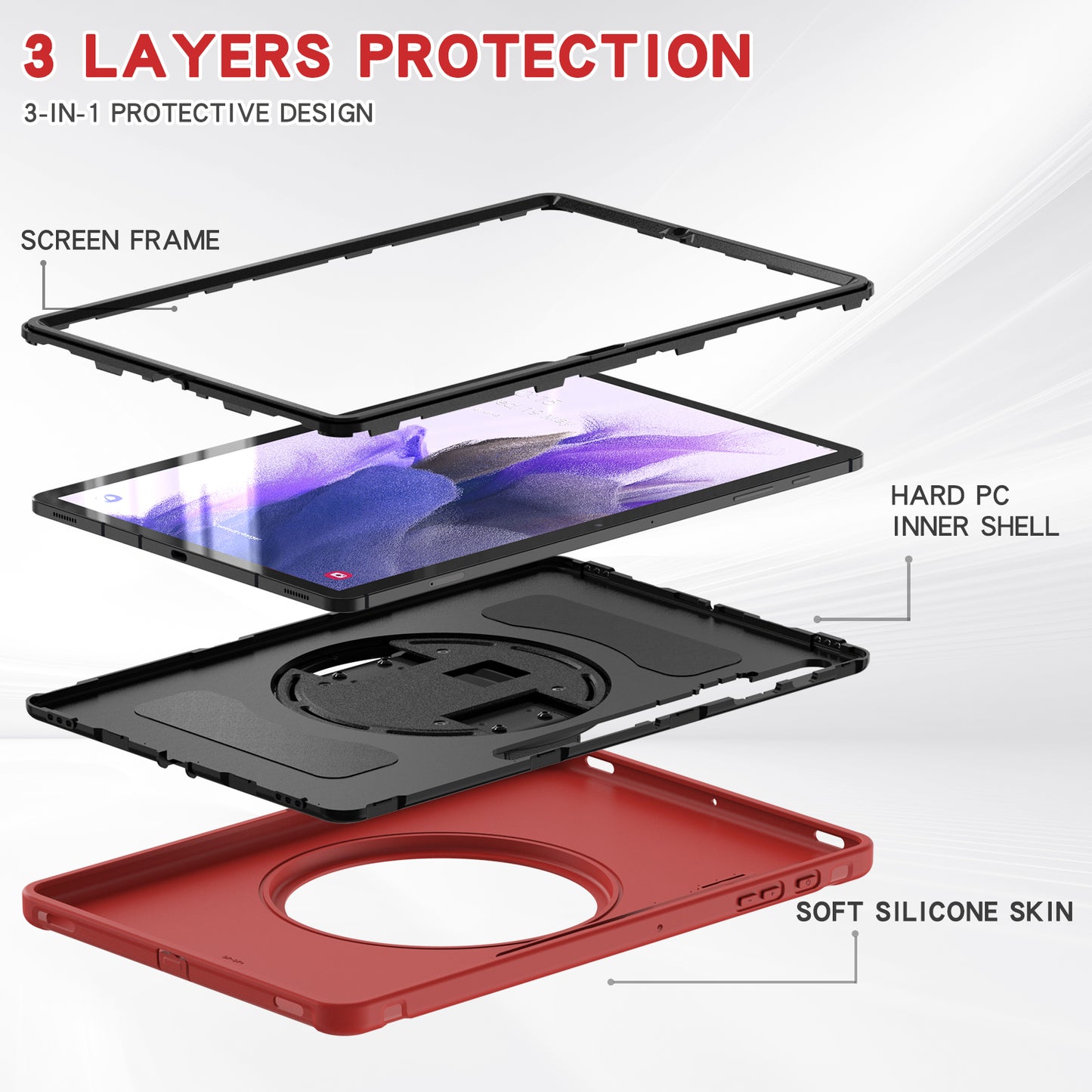 For Samsung Galaxy Tab S9 FE+ / S9+ / S8+ / S7+ / S7 FE T730 / T735 / T736B / T736N 360&#176; Rotary Kickstand PC + TPU Drop-Resistant Tablet Case with Handy Strap - Red