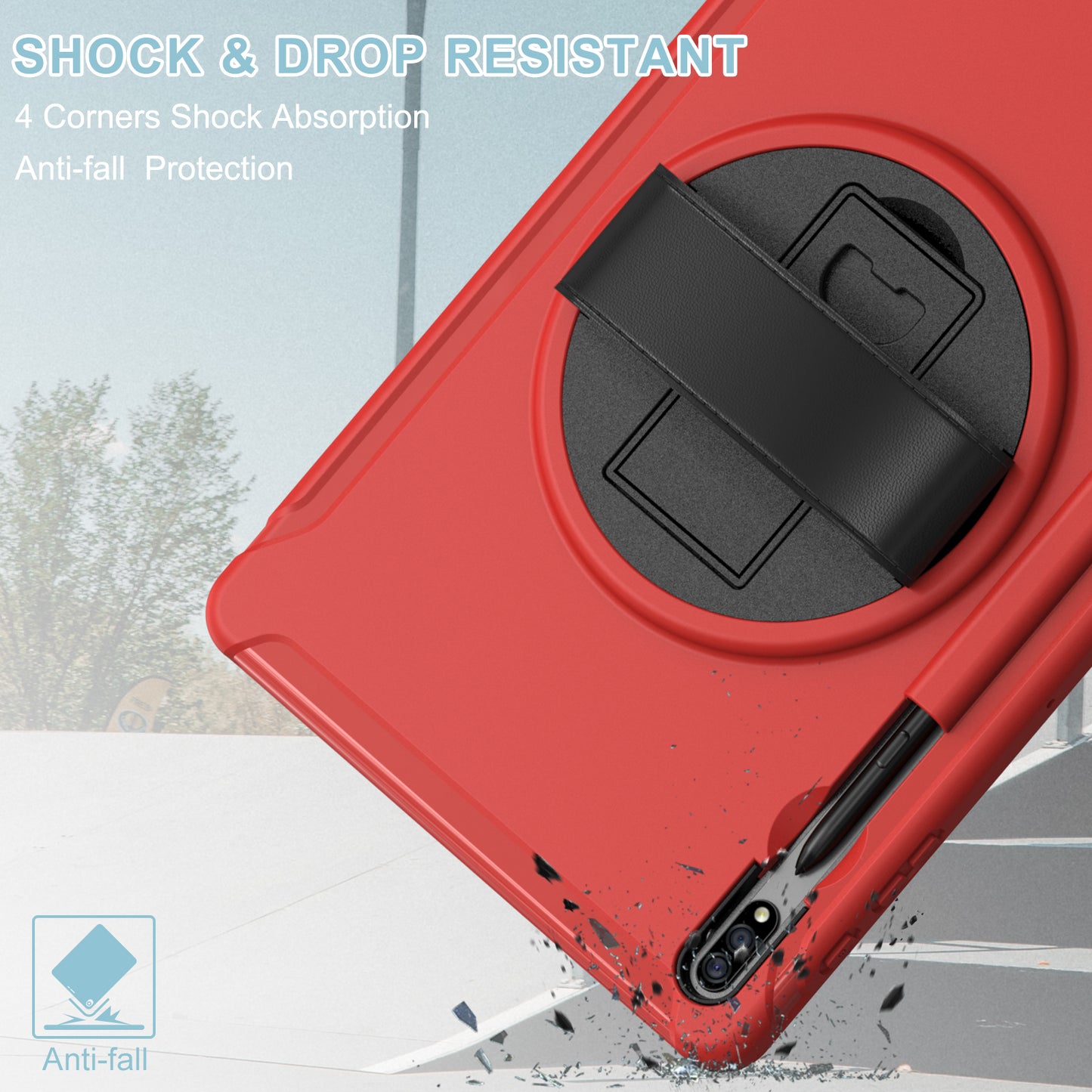 For Samsung Galaxy Tab S9 FE+ / S9+ / S8+ / S7+ / S7 FE T730 / T735 / T736B / T736N 360&#176; Rotary Kickstand PC + TPU Drop-Resistant Tablet Case with Handy Strap - Red