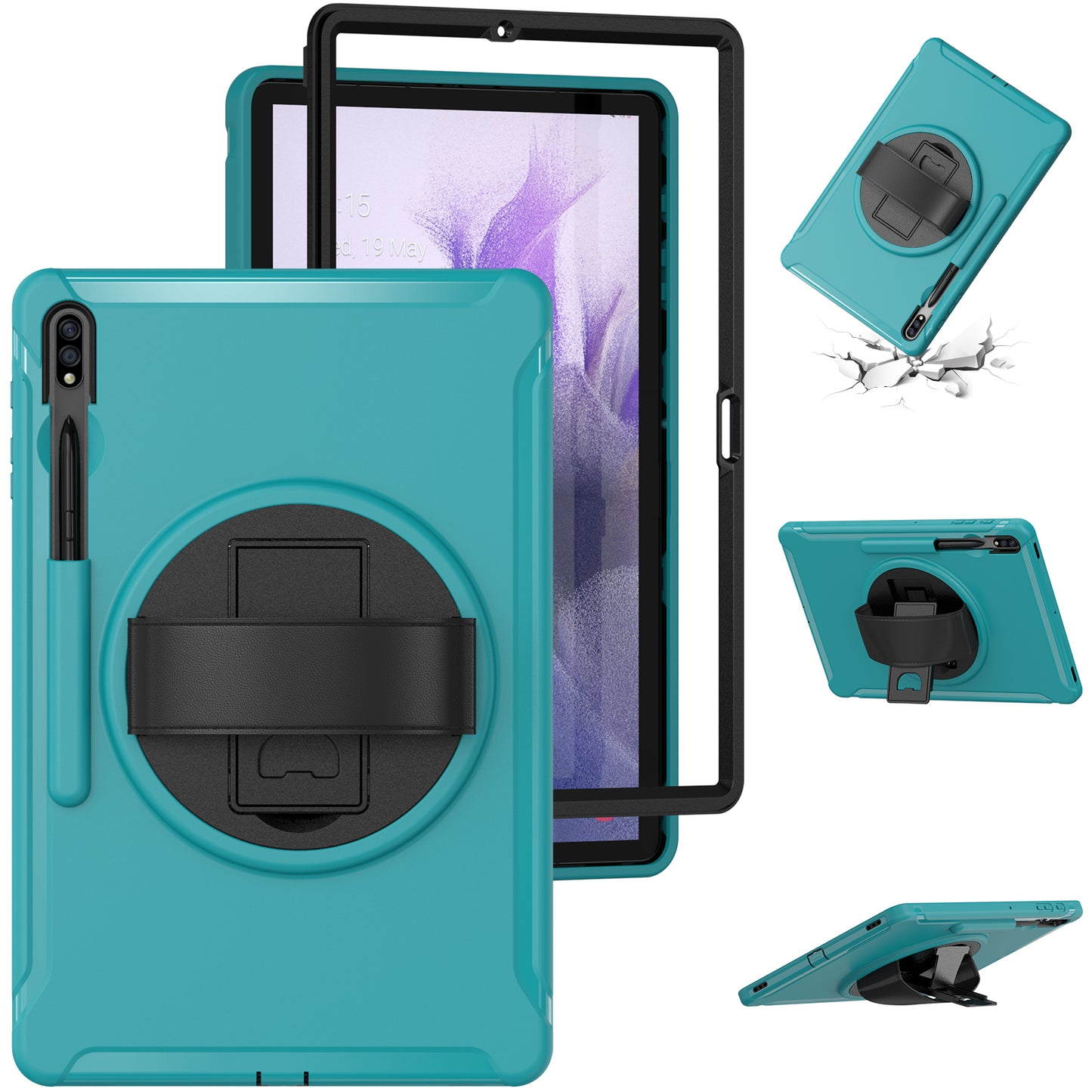 For Samsung Galaxy Tab S9 FE+ / S9+ / S8+ / S7+ / S7 FE T730 / T735 / T736B / T736N 360&#176; Rotary Kickstand PC + TPU Drop-Resistant Tablet Case with Handy Strap - Blue