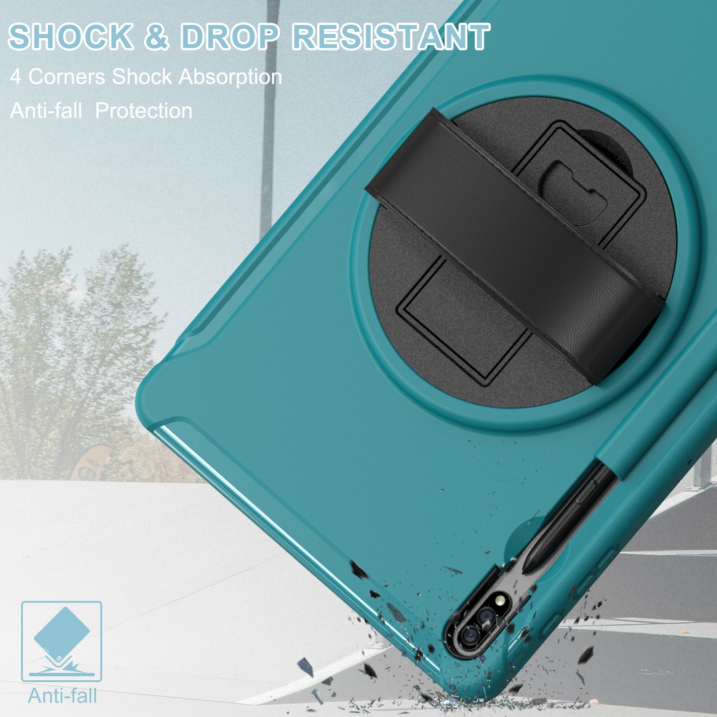 For Samsung Galaxy Tab S9 FE+ / S9+ / S8+ / S7+ / S7 FE T730 / T735 / T736B / T736N 360&#176; Rotary Kickstand PC + TPU Drop-Resistant Tablet Case with Handy Strap - Blue