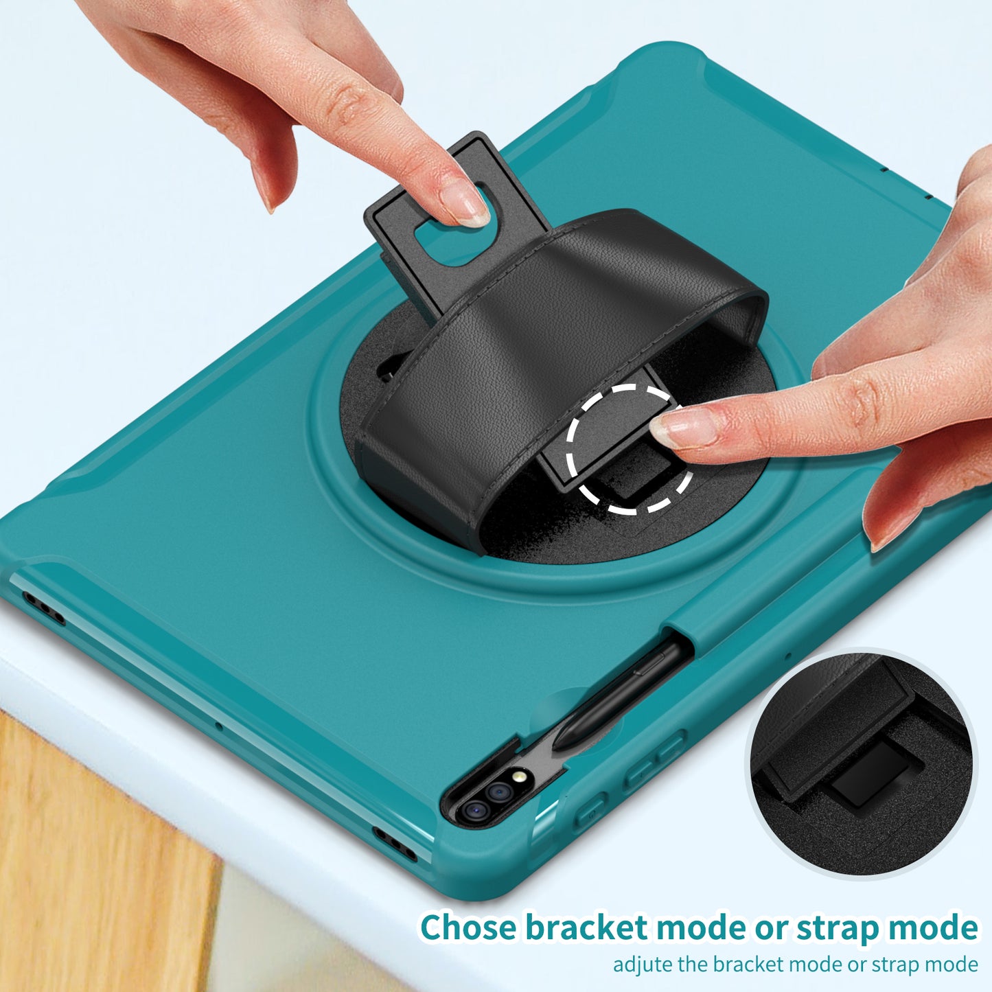 For Samsung Galaxy Tab S9 FE+ / S9+ / S8+ / S7+ / S7 FE T730 / T735 / T736B / T736N 360&#176; Rotary Kickstand PC + TPU Drop-Resistant Tablet Case with Handy Strap - Blue
