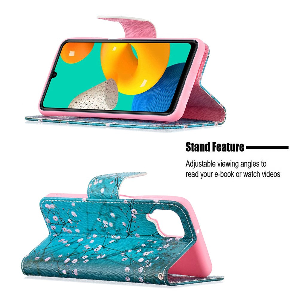 Stand Feature Pattern Printing PU Leather Magnetic Flip Cover Wallet Purse Case for Samsung Galaxy M32 (Global Version) - Plum Blossom