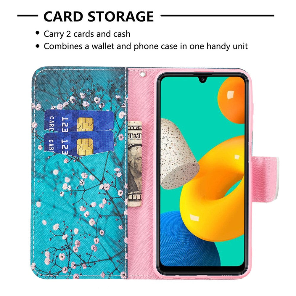 Stand Feature Pattern Printing PU Leather Magnetic Flip Cover Wallet Purse Case for Samsung Galaxy M32 (Global Version) - Plum Blossom