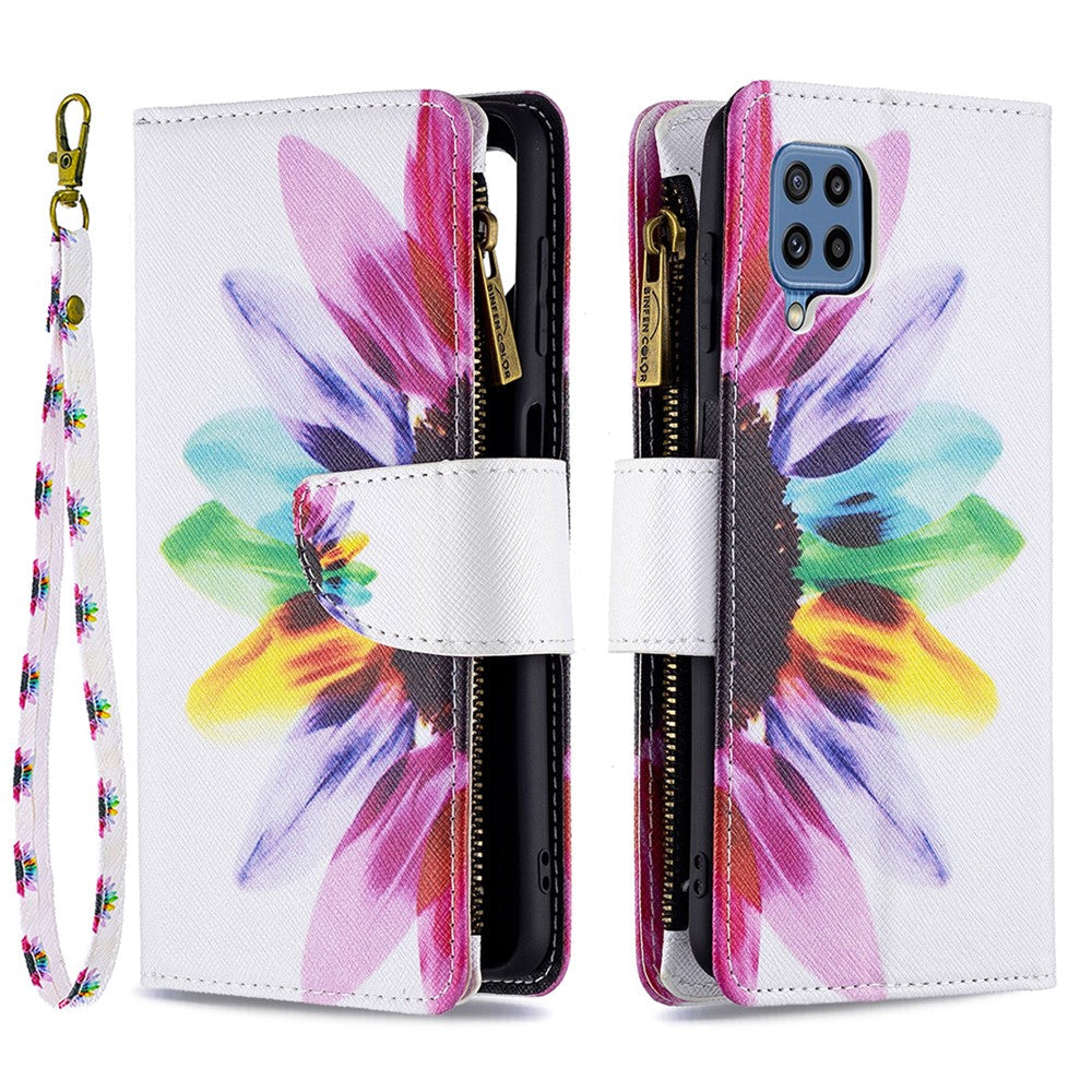 BF03 Zippered Wallet Pattern Printing Leather Stand Phone Cover with Wrist Strap for Samsung Galaxy M32 (Global Version) - Sunflower