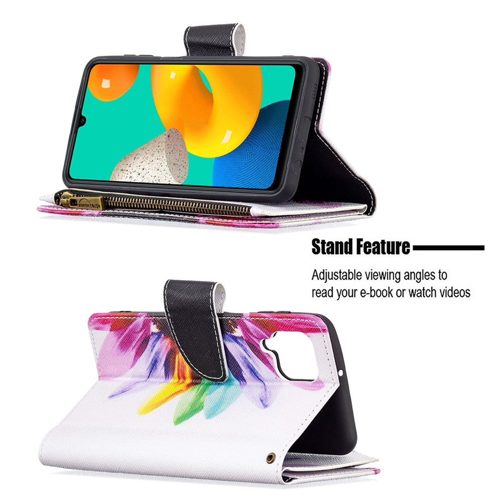 BF03 Zippered Wallet Pattern Printing Leather Stand Phone Cover with Wrist Strap for Samsung Galaxy M32 (Global Version) - Sunflower