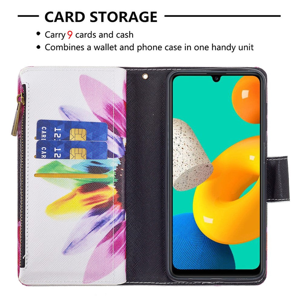 BF03 Zippered Wallet Pattern Printing Leather Stand Phone Cover with Wrist Strap for Samsung Galaxy M32 (Global Version) - Sunflower