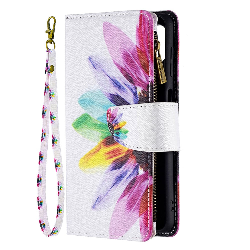 BF03 Zippered Wallet Pattern Printing Leather Stand Phone Cover with Wrist Strap for Samsung Galaxy M32 (Global Version) - Sunflower