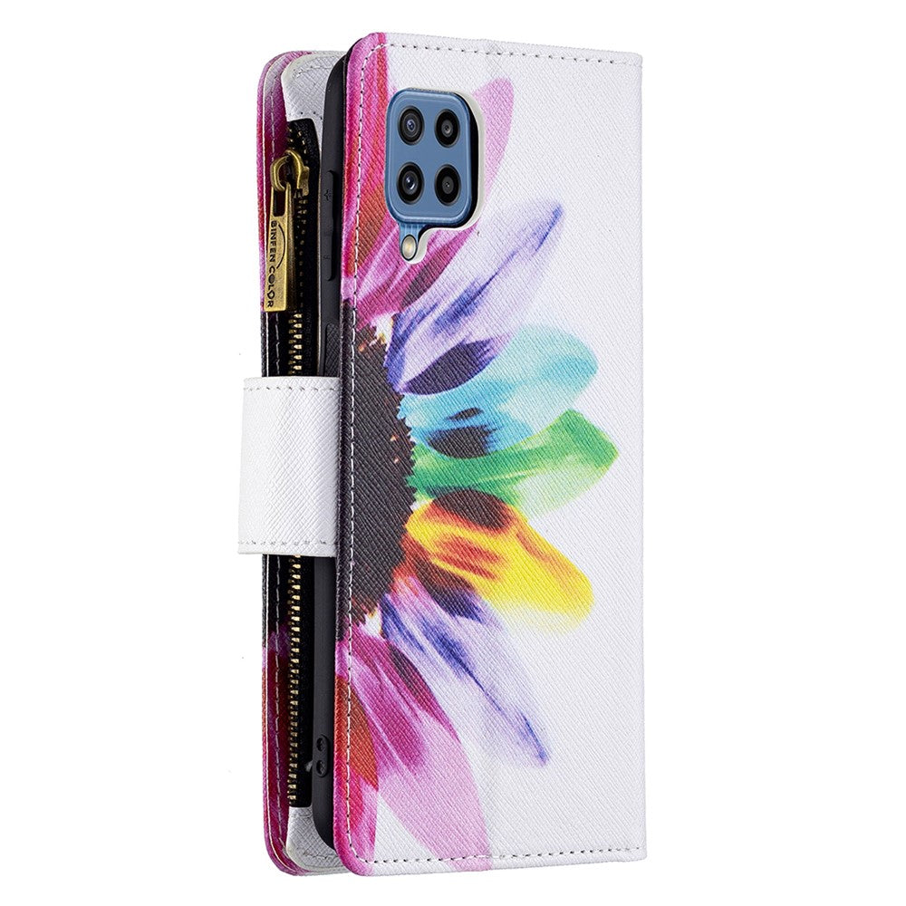 BF03 Zippered Wallet Pattern Printing Leather Stand Phone Cover with Wrist Strap for Samsung Galaxy M32 (Global Version) - Sunflower