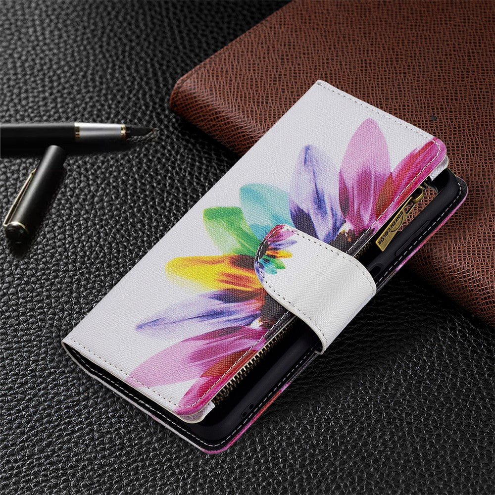 BF03 Zippered Wallet Pattern Printing Leather Stand Phone Cover with Wrist Strap for Samsung Galaxy M32 (Global Version) - Sunflower