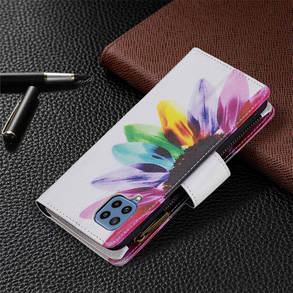 BF03 Zippered Wallet Pattern Printing Leather Stand Phone Cover with Wrist Strap for Samsung Galaxy M32 (Global Version) - Sunflower