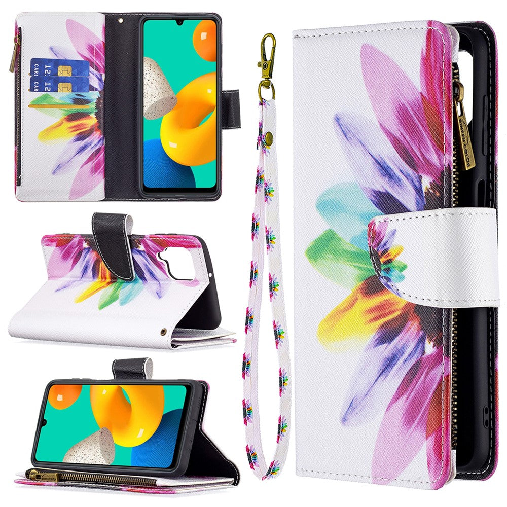 BF03 Zippered Wallet Pattern Printing Leather Stand Phone Cover with Wrist Strap for Samsung Galaxy M32 (Global Version) - Sunflower