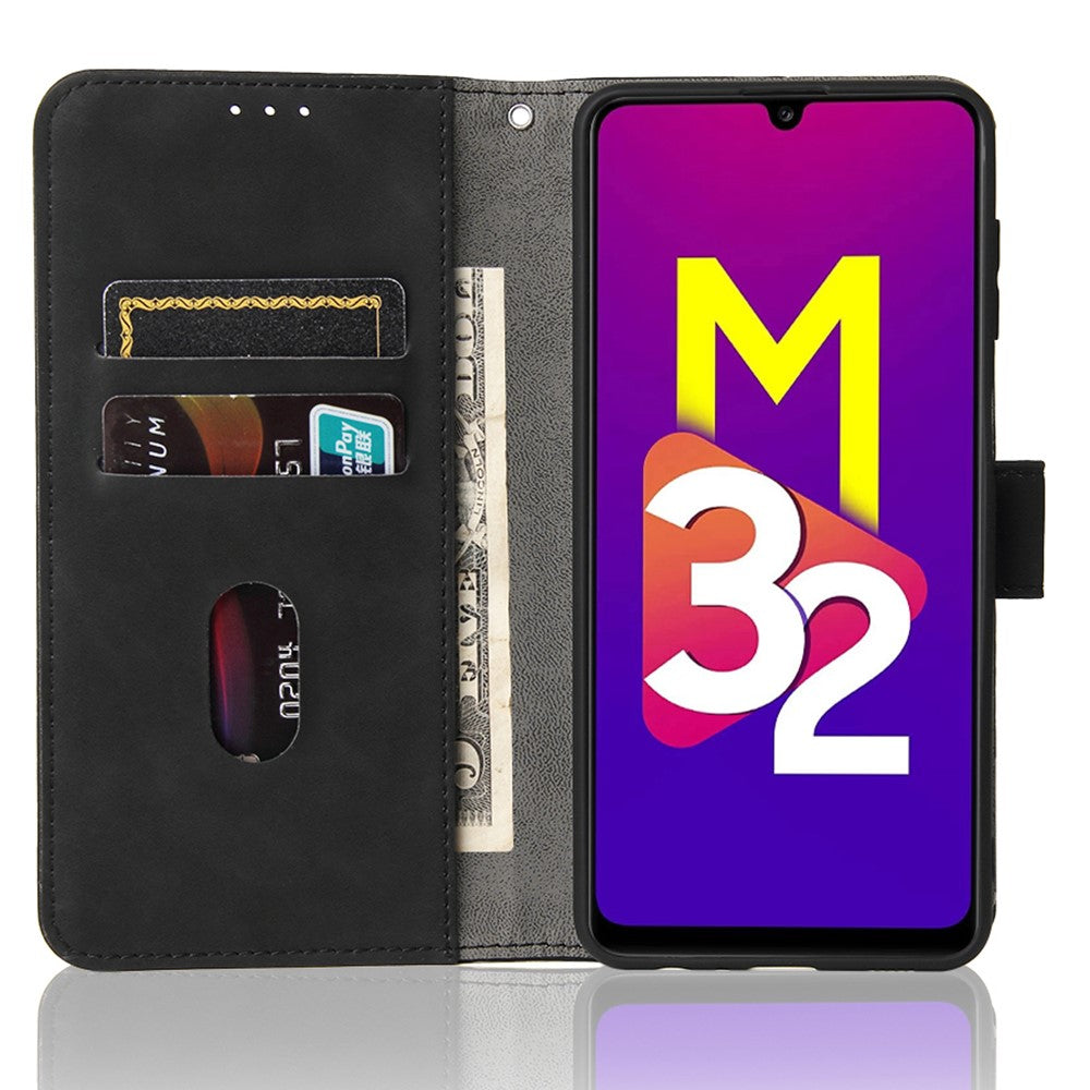 Skin-Feeling Folio Flip Leather Phone Case Cover with Stand Wallet for Samsung Galaxy M32 (Global Version) - Black