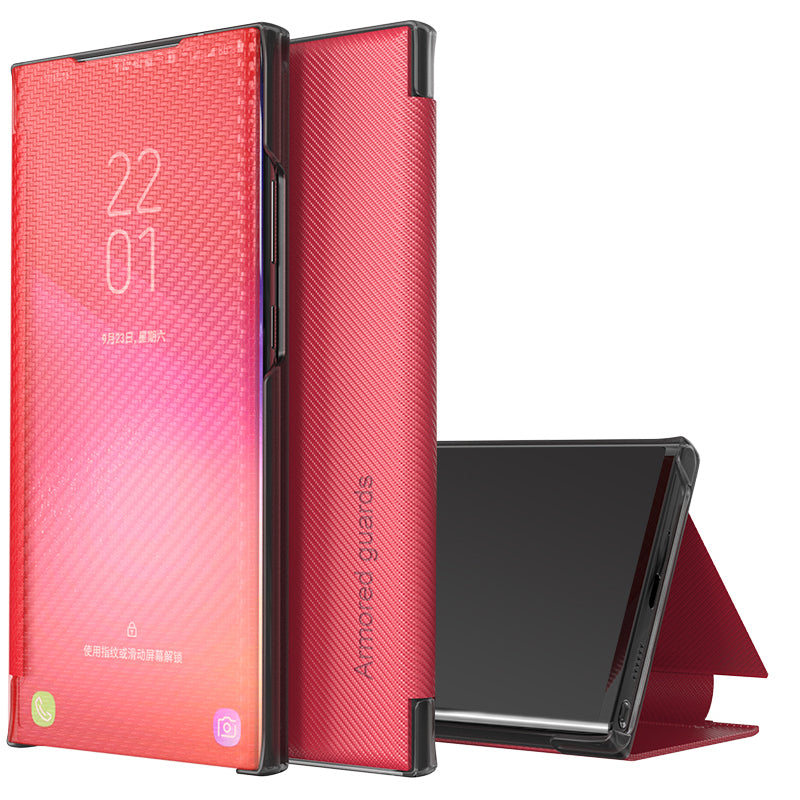 Full Protection Anti-drop Mirror Surface Stand Foldable Design Phone Case for Samsung Galaxy S20 Plus - Red