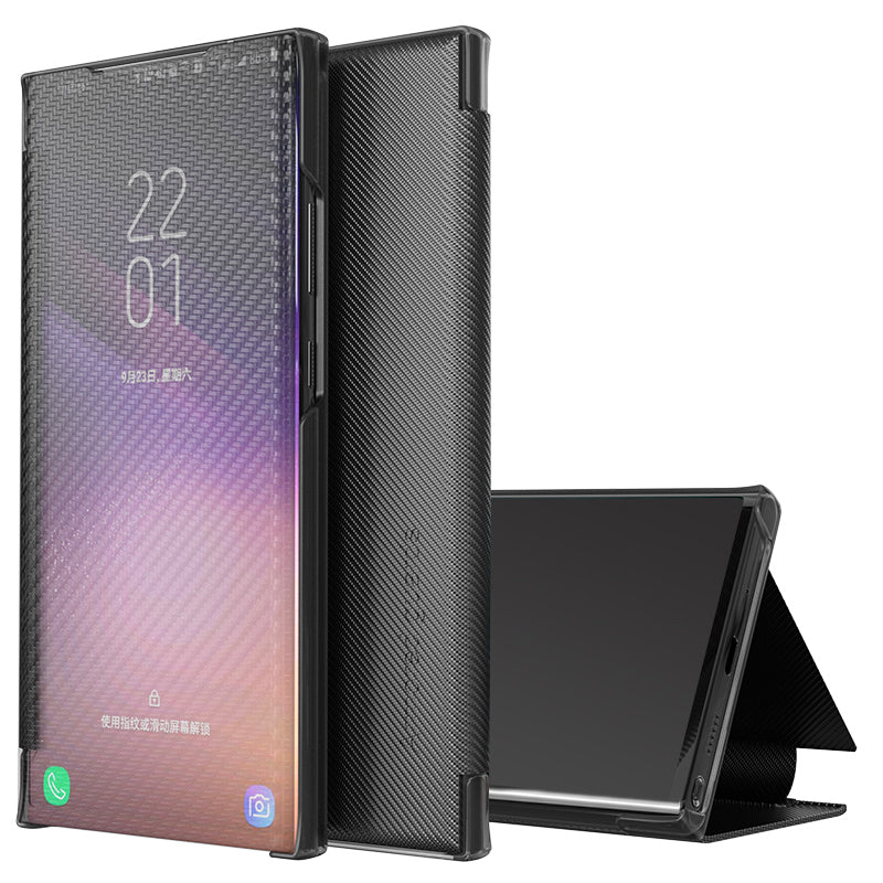 Full Protection Anti-drop Mirror Surface Stand Foldable Design Phone Case for Samsung Galaxy S20 Plus - Black