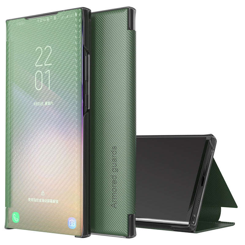 Full Protection Anti-drop Mirror Surface Stand Foldable Design Phone Case for Samsung Galaxy S20 Plus - Dark Green