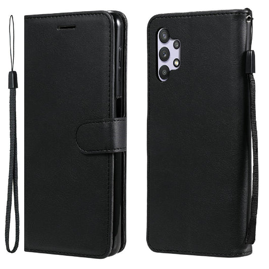 For Samsung Galaxy A32 5G / M32 5G Case Solid Color Leather Mobile Cover Wallet Stand with Strap - Black