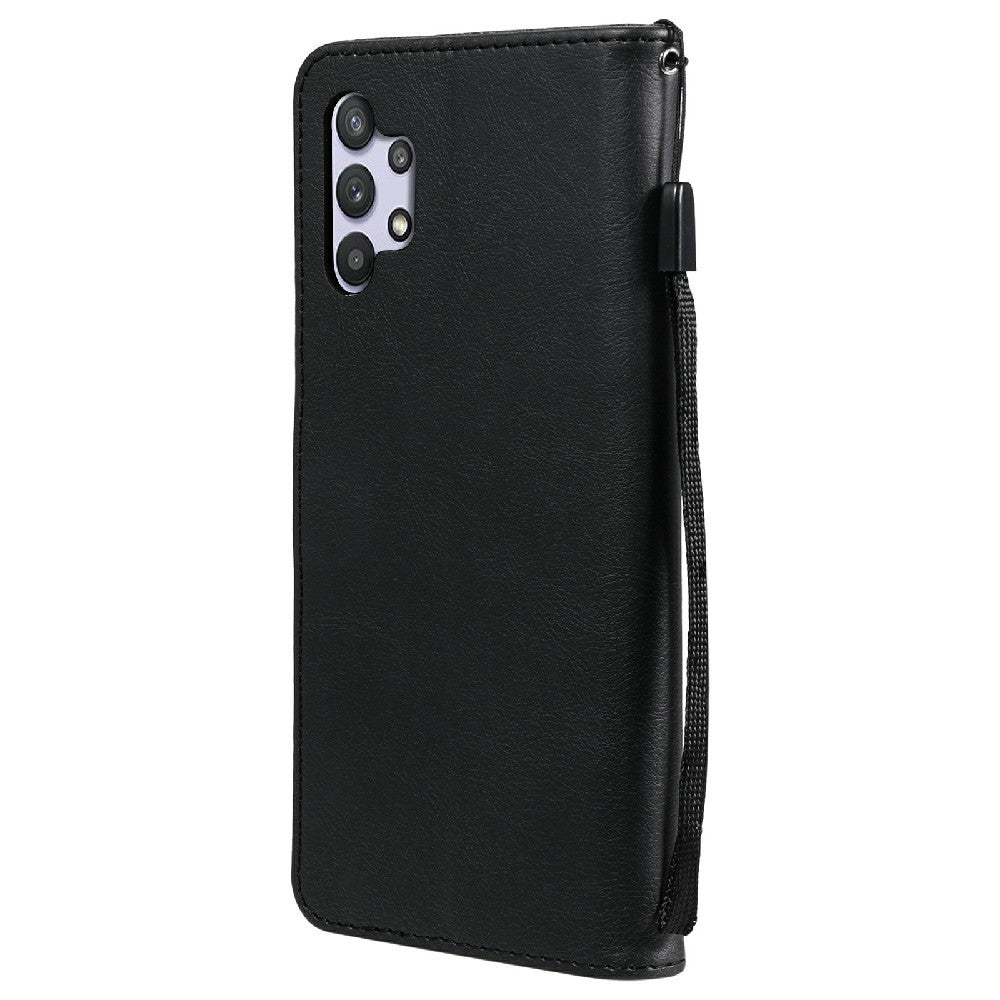 For Samsung Galaxy A32 5G / M32 5G Case Solid Color Leather Mobile Cover Wallet Stand with Strap - Black