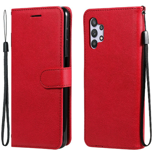 For Samsung Galaxy A32 5G / M32 5G Case Solid Color Leather Mobile Cover Wallet Stand with Strap - Red