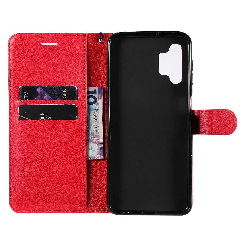For Samsung Galaxy A32 5G / M32 5G Case Solid Color Leather Mobile Cover Wallet Stand with Strap - Red