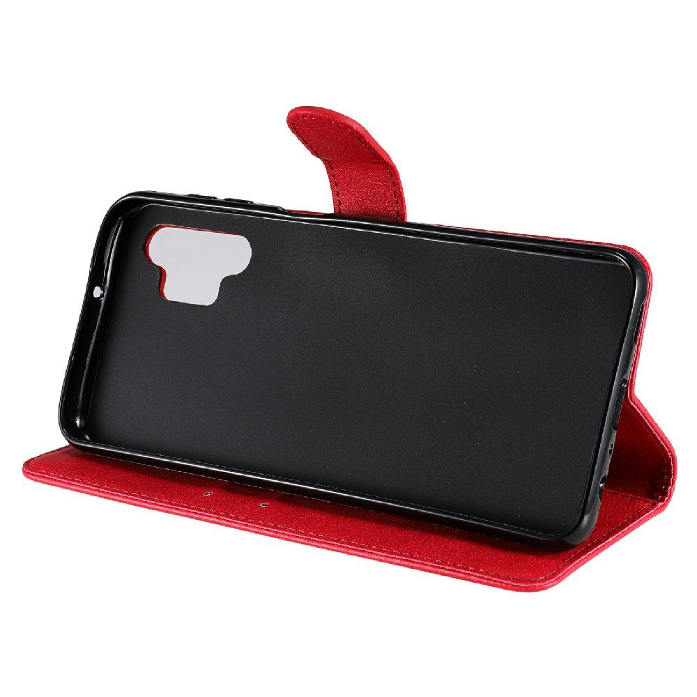 For Samsung Galaxy A32 5G / M32 5G Case Solid Color Leather Mobile Cover Wallet Stand with Strap - Red
