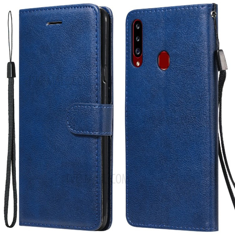 KT Leather Series-2 Full Protective Anti-drop Shell Pure Color Leather Case with Wallet for Samsung Galaxy A20s - Blue