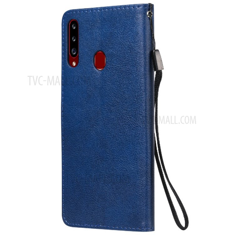 KT Leather Series-2 Full Protective Anti-drop Shell Pure Color Leather Case with Wallet for Samsung Galaxy A20s - Blue