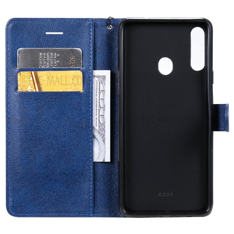KT Leather Series-2 Full Protective Anti-drop Shell Pure Color Leather Case with Wallet for Samsung Galaxy A20s - Blue