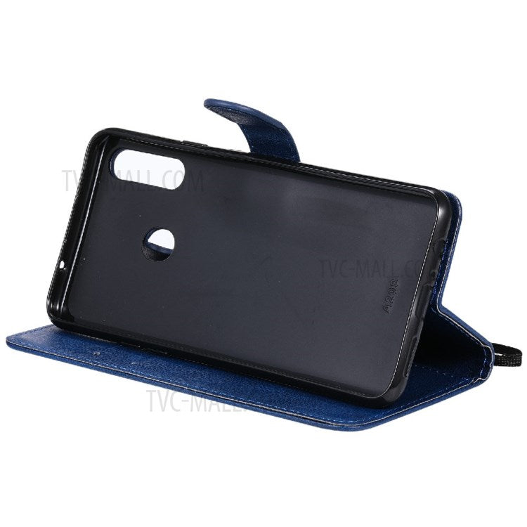 KT Leather Series-2 Full Protective Anti-drop Shell Pure Color Leather Case with Wallet for Samsung Galaxy A20s - Blue