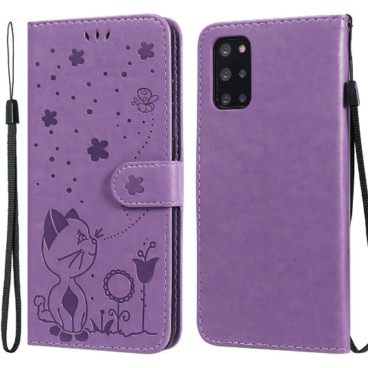 KT Imprinting Flower Series-4 Cat and Bee Pattern Imprinted Protective Cover Stand Wallet Leather Case for Samsung Galaxy S20 Plus 4G/5G - Purple