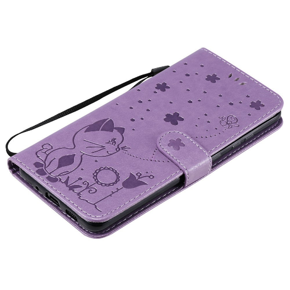 KT Imprinting Flower Series-4 Cat and Bee Pattern Imprinted Protective Cover Stand Wallet Leather Case for Samsung Galaxy S20 Plus 4G/5G - Purple