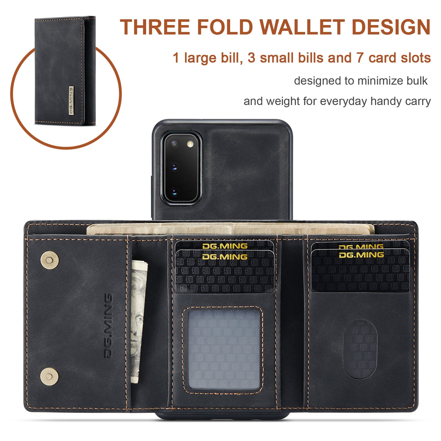 DG.MING M1 Series Powerful Magnet Wireless Charging Anti-Scratch Detachable Wallet 2-in-1 Hybrid Phone Shell with Kickstand for Samsung Galaxy S20 4G/S20 5G - Black